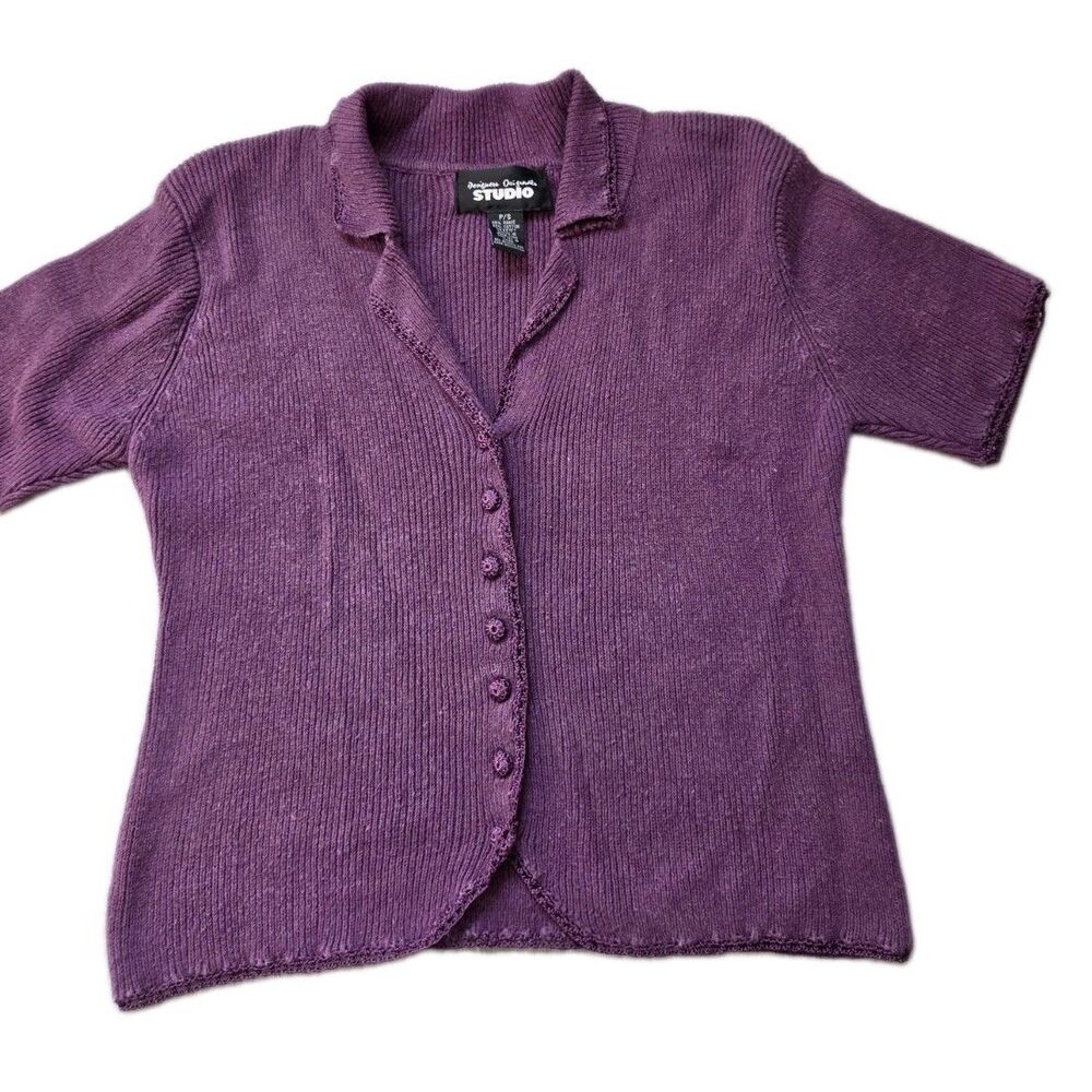 VTG Designers Originals Purple Ramie Blend Ribbed Button Front Cardigan Petite S